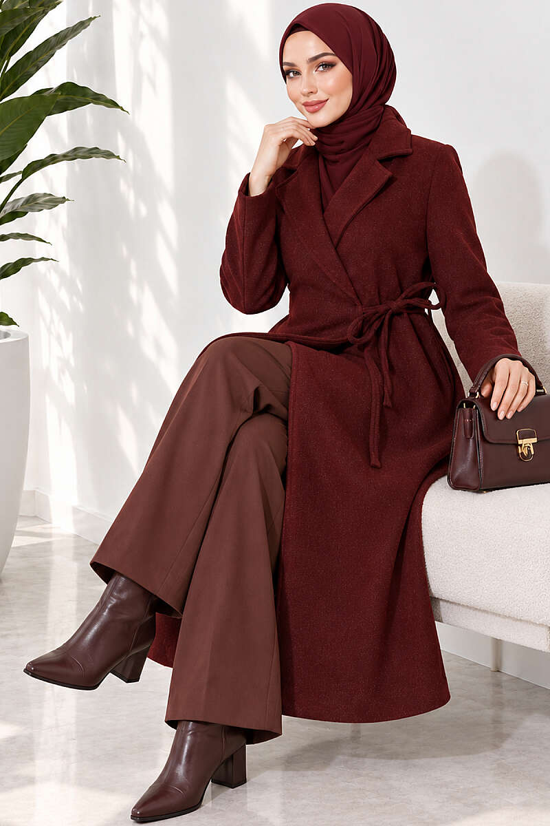 Felt Coat with Side Ties - Burgundy
