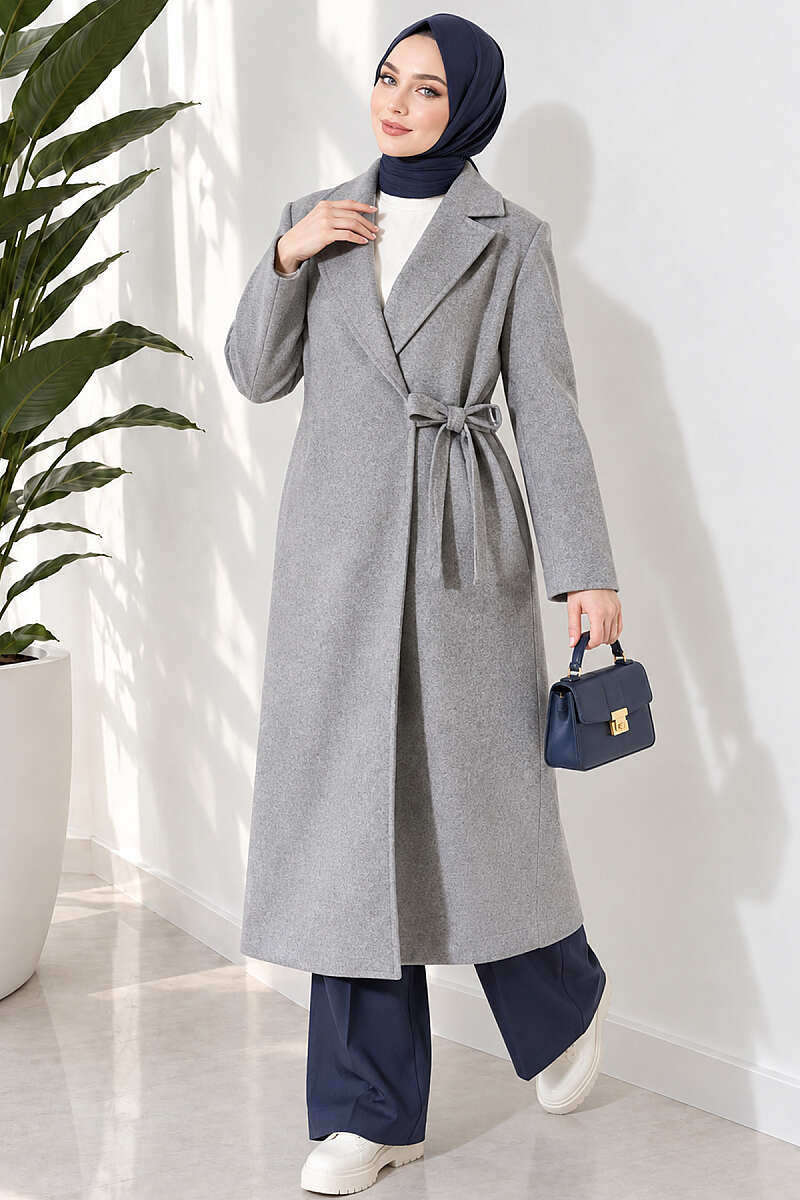 Felt Coat with Side Ties - Grey