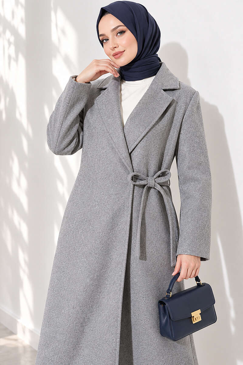 Felt Coat with Side Ties - Grey
