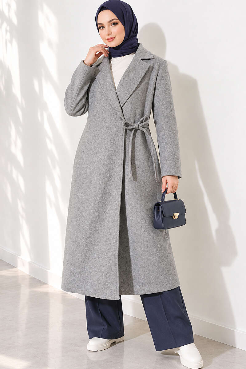 Felt Coat with Side Ties - Grey