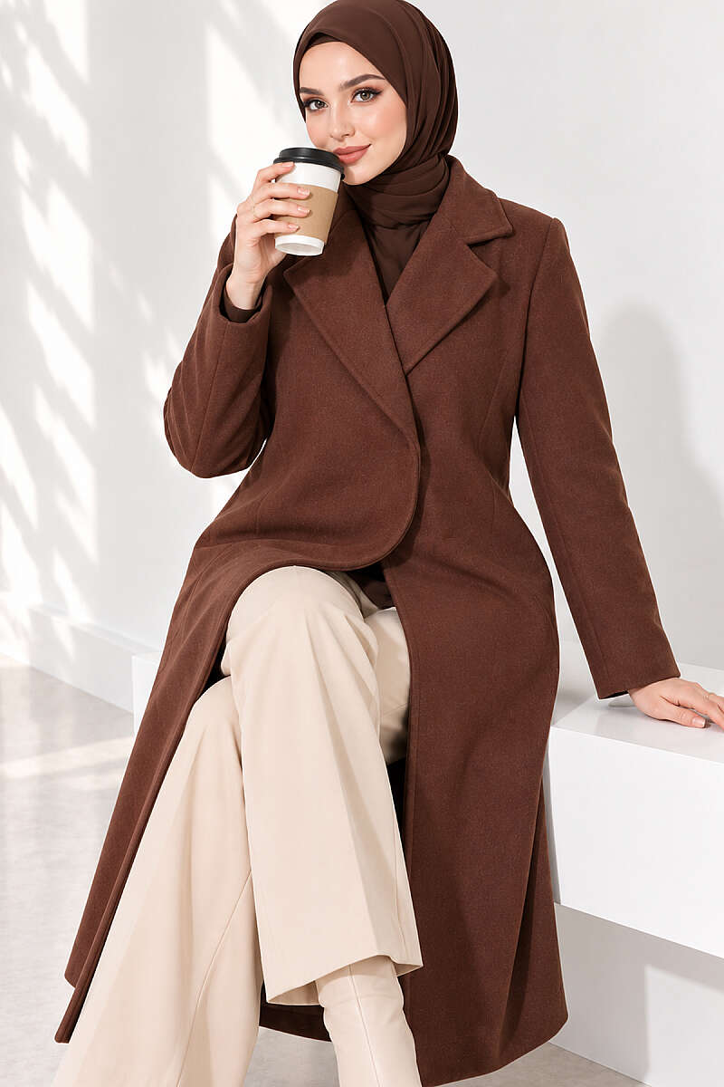 Felt Coat with Side Ties - Brown