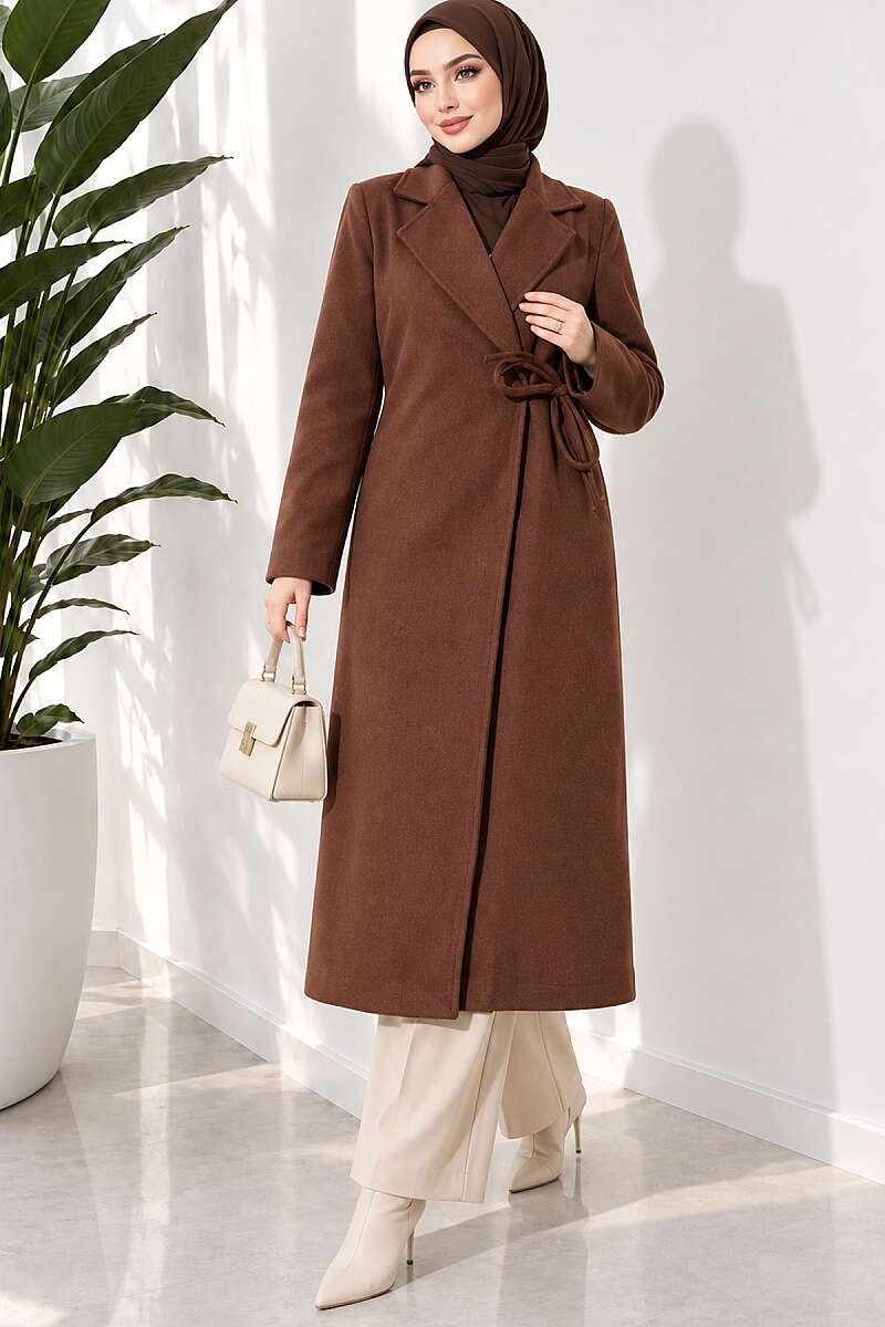 Felt Coat with Side Ties - Brown