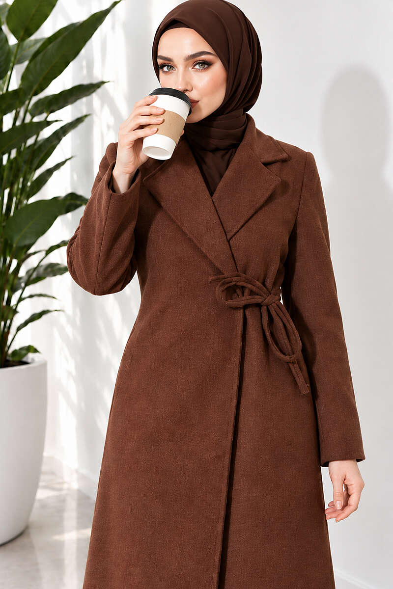 Felt Coat with Side Ties - Brown