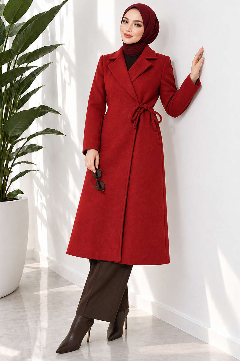 Felt Coat with Side Ties - Red