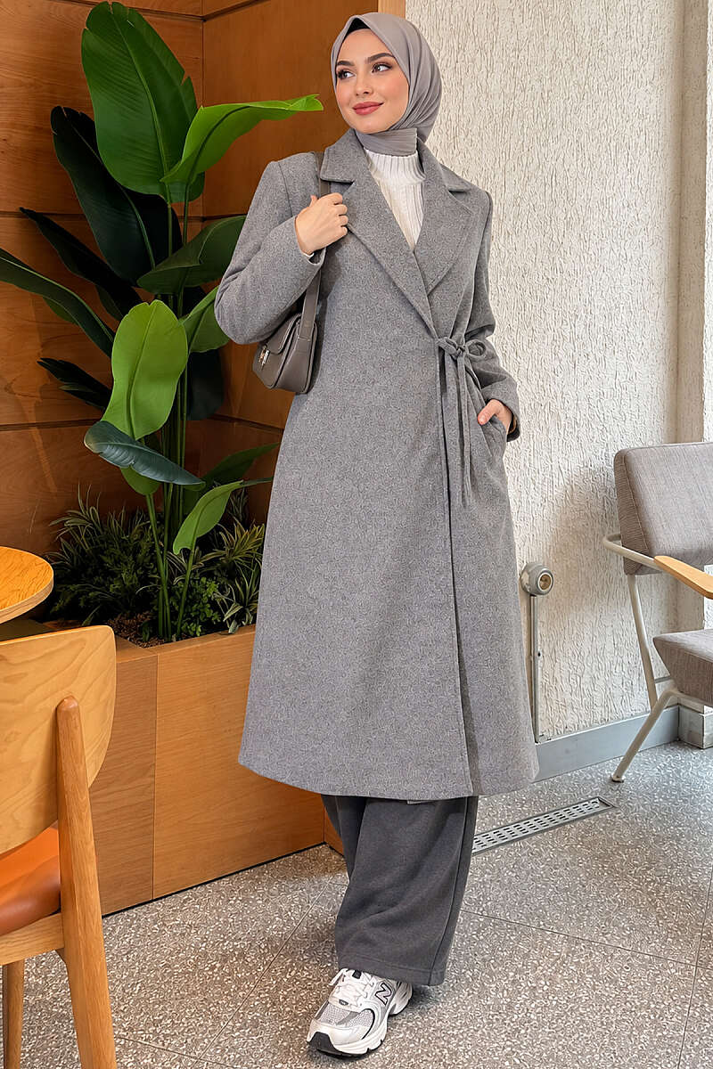 Felt Coat with Side Ties - Heather Grey