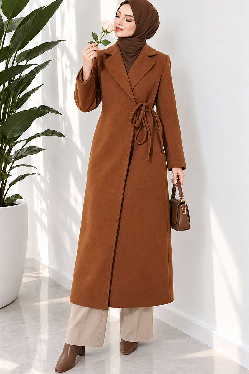Felt Coat with Side Ties - Tan