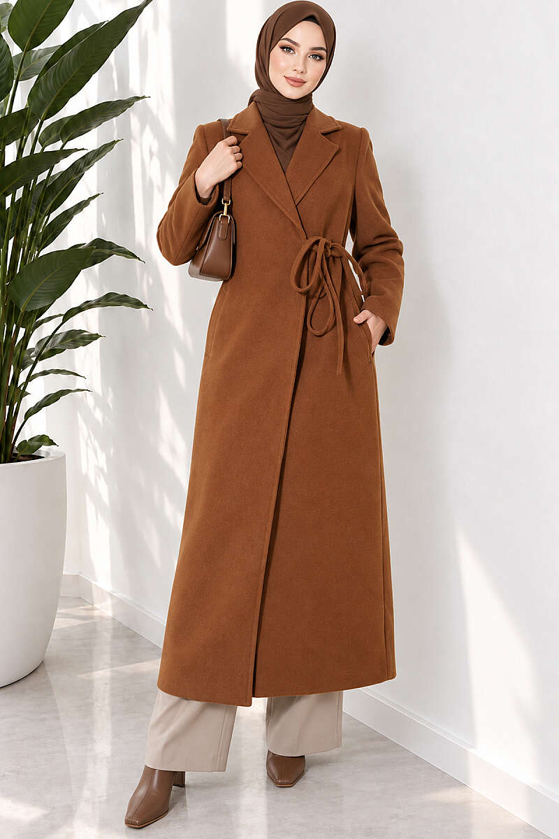Felt Coat with Side Ties - Tan
