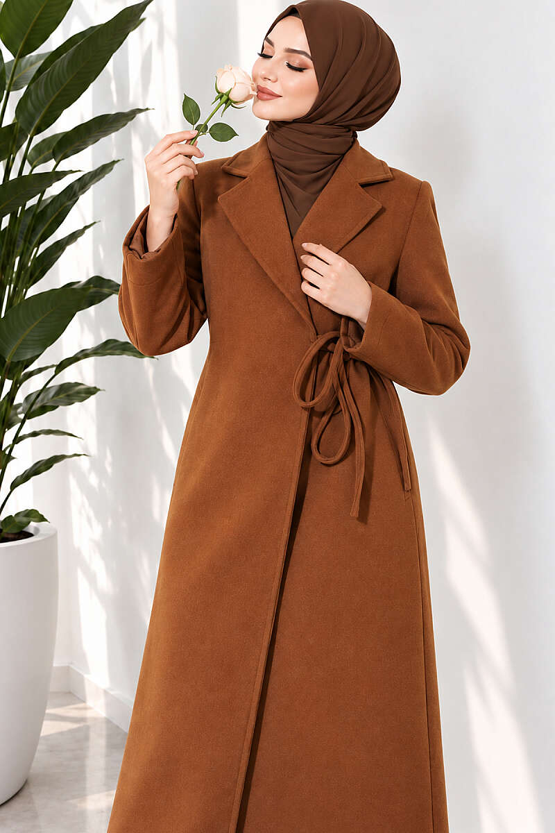 Felt Coat with Side Ties - Tan