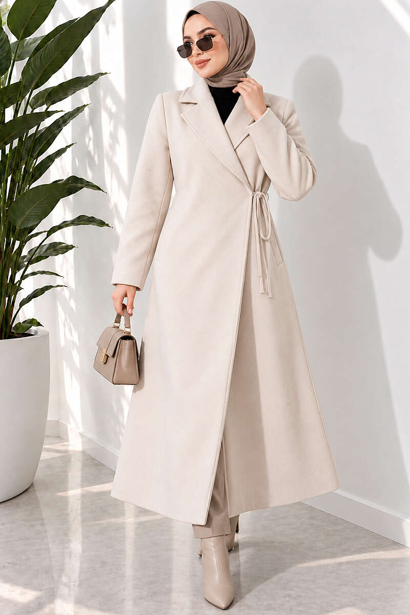 Felt Coat with Side Ties - Stone