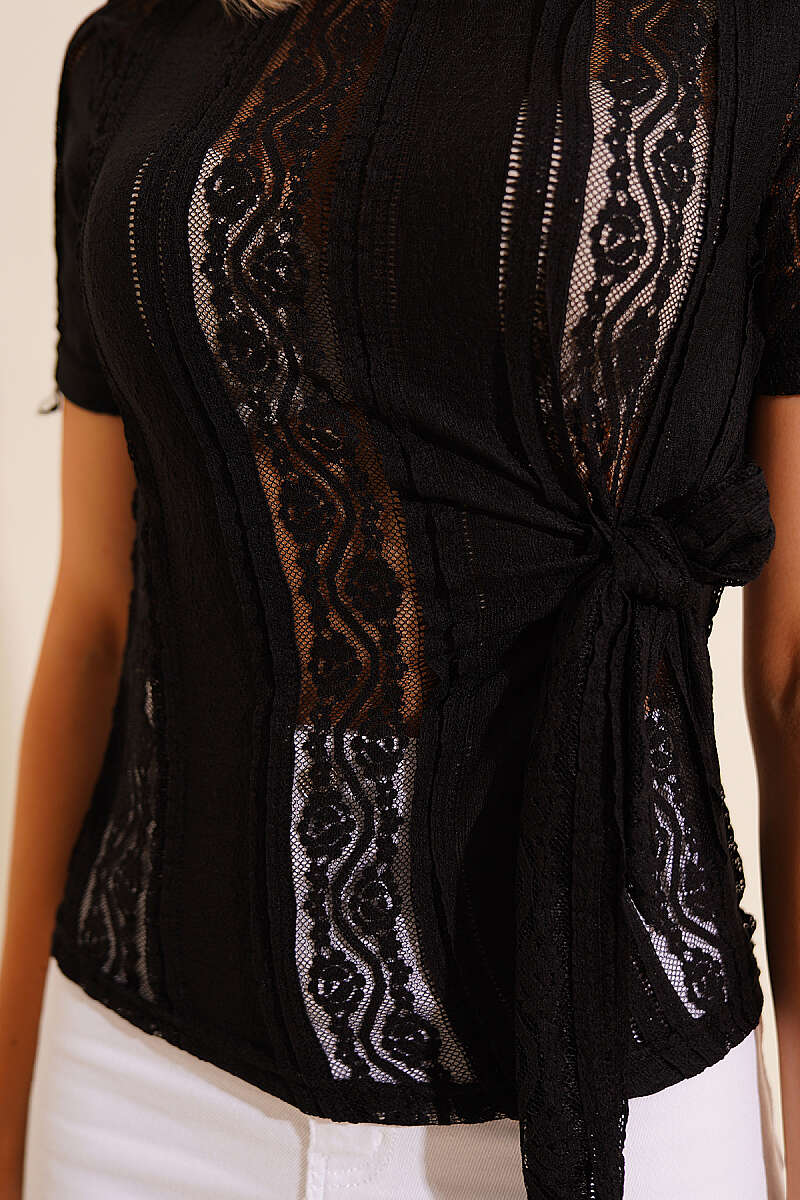 Side-Tie Lace Blouse - Black