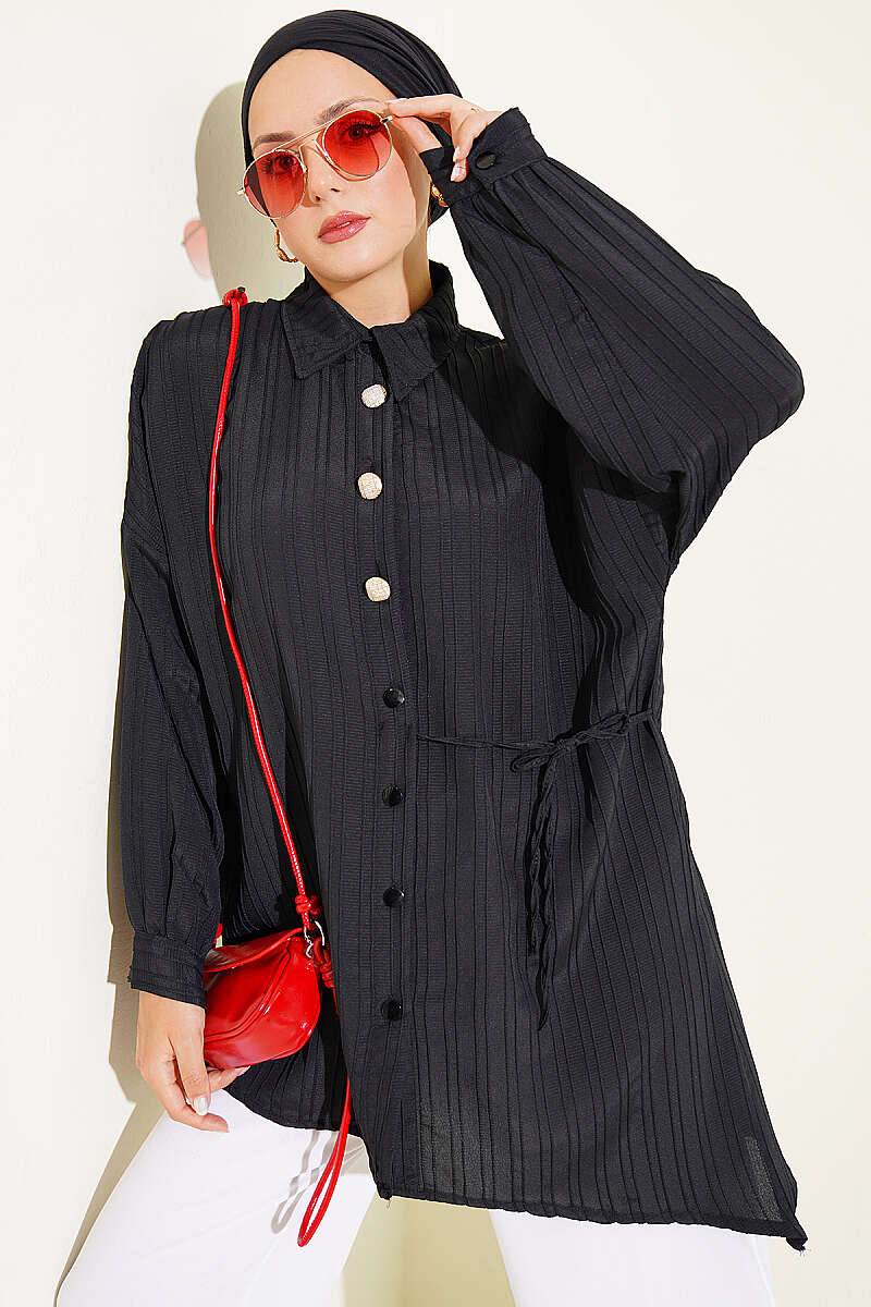 Pinstripe Shirt with Side Tie - Black