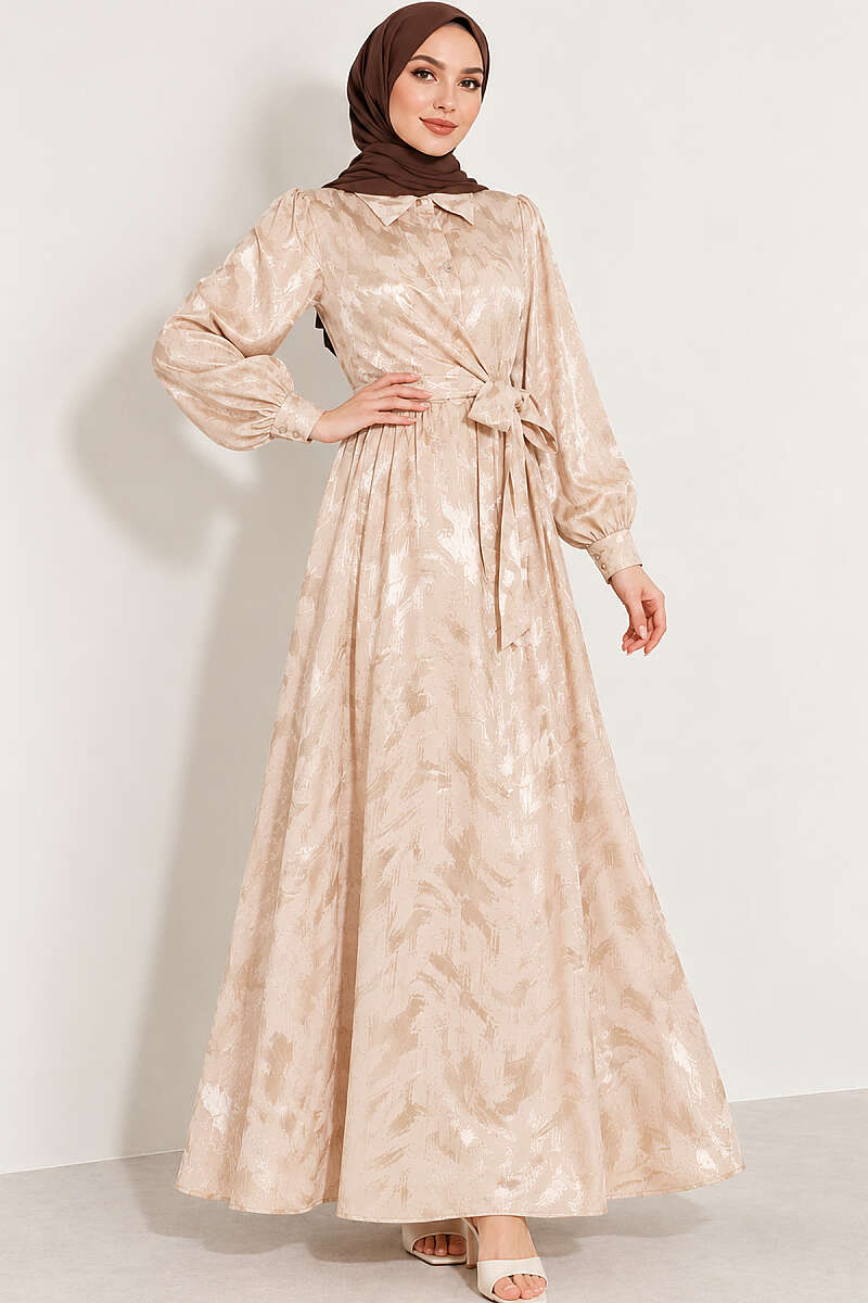 Jacquard Button Dress with Side Tie - Beige