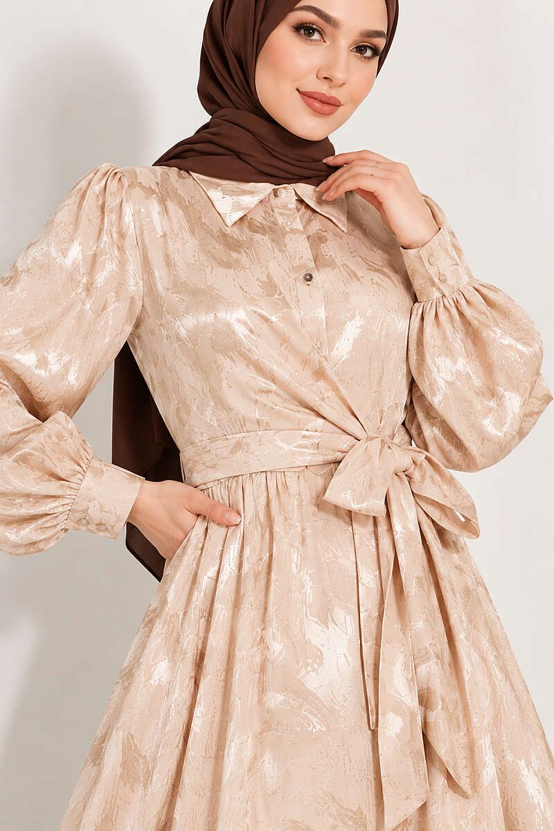 Jacquard Button Dress with Side Tie - Beige