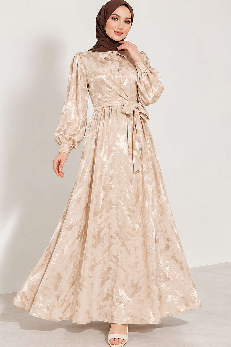 Jacquard Button Dress with Side Tie - Beige