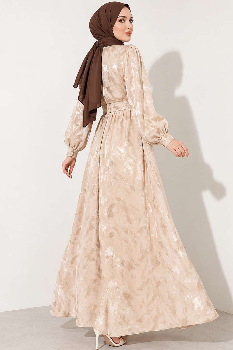 Jacquard Button Dress with Side Tie - Beige