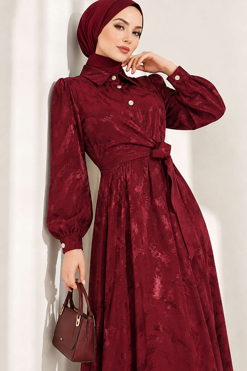 Jacquard Button Dress with Side Tie - Burgundy
