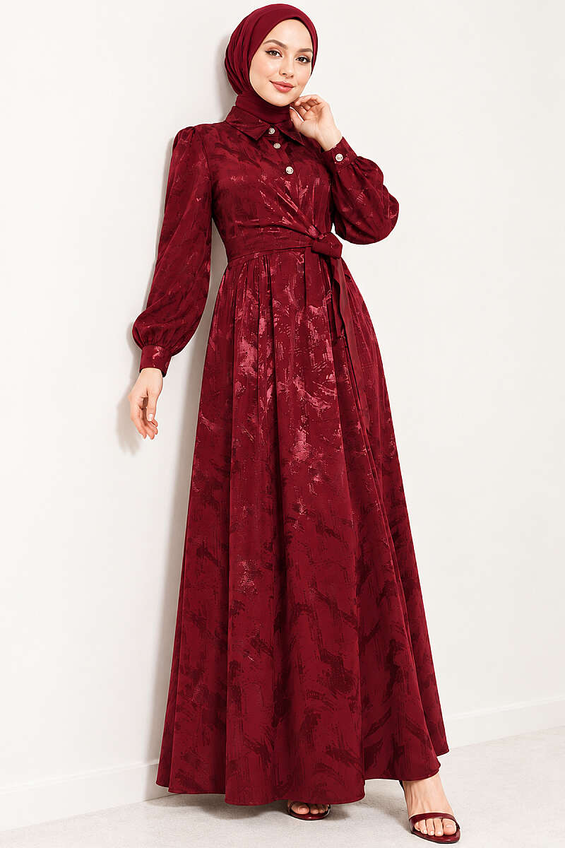 Jacquard Button Dress with Side Tie - Burgundy