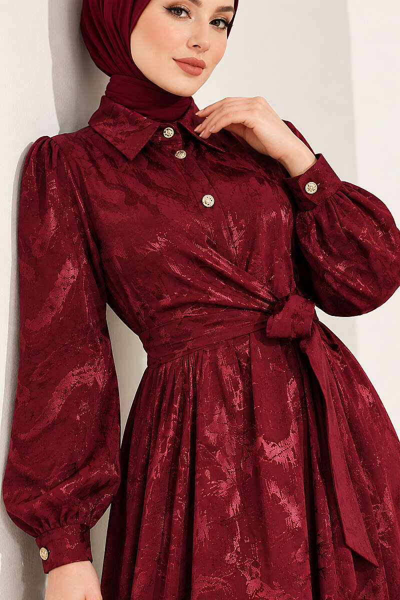 Jacquard Button Dress with Side Tie - Burgundy