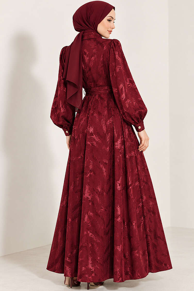 Jacquard Button Dress with Side Tie - Burgundy