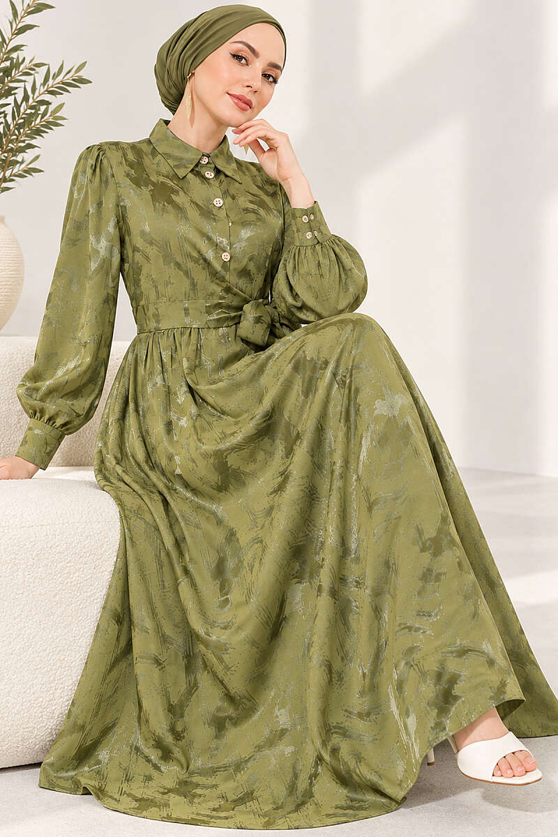 Jacquard Button Dress with Side Tie - Khaki