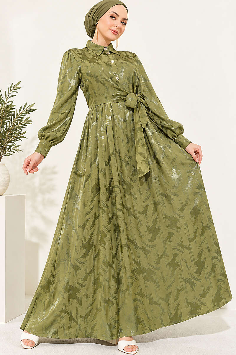 Jacquard Button Dress with Side Tie - Khaki