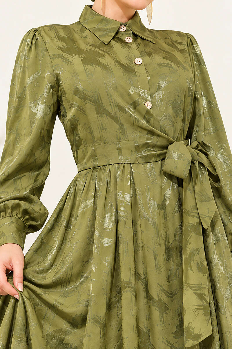 Jacquard Button Dress with Side Tie - Khaki