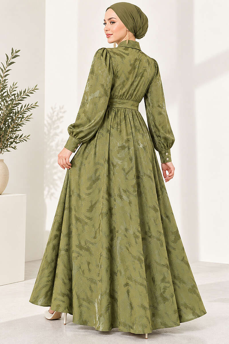 Jacquard Button Dress with Side Tie - Khaki