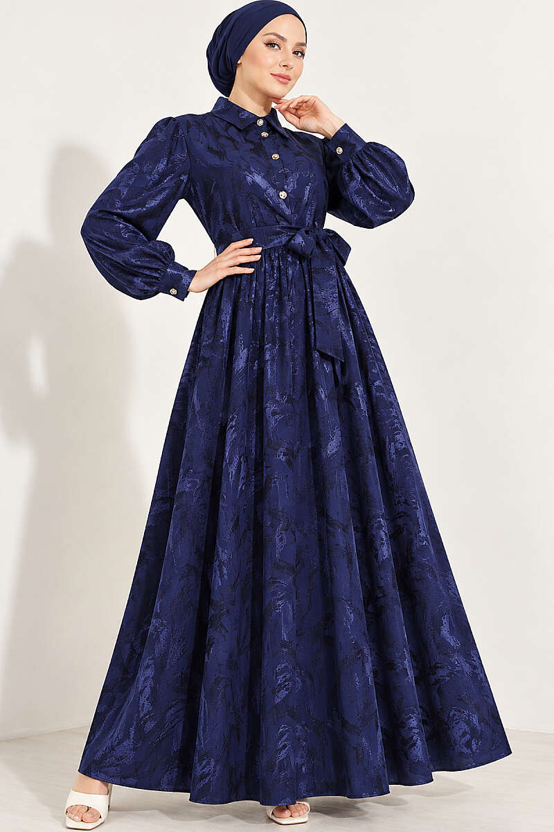 Jacquard Button Dress with Side Tie - Navy