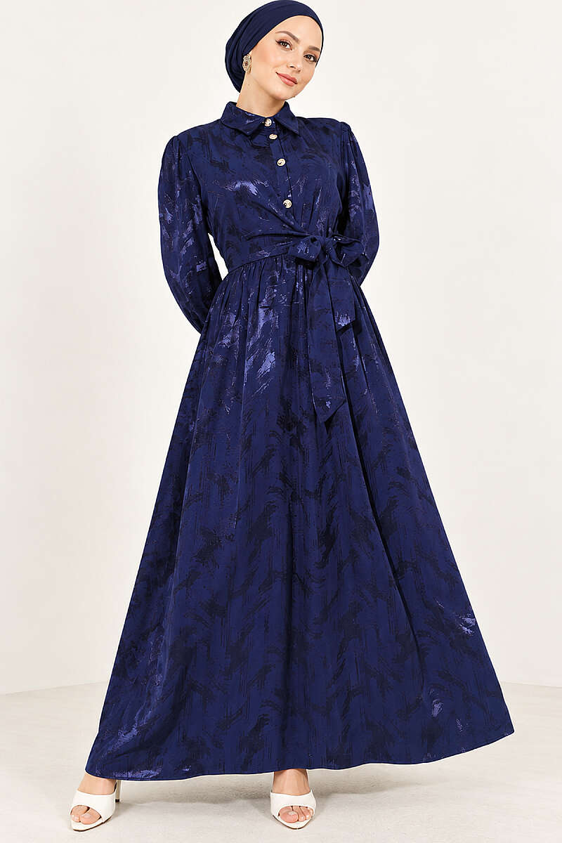 Jacquard Button Dress with Side Tie - Navy
