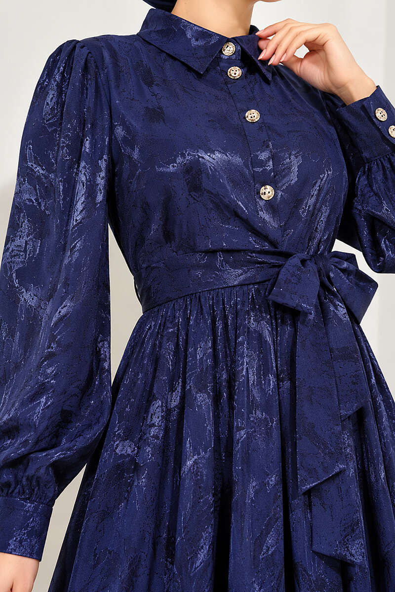 Jacquard Button Dress with Side Tie - Navy