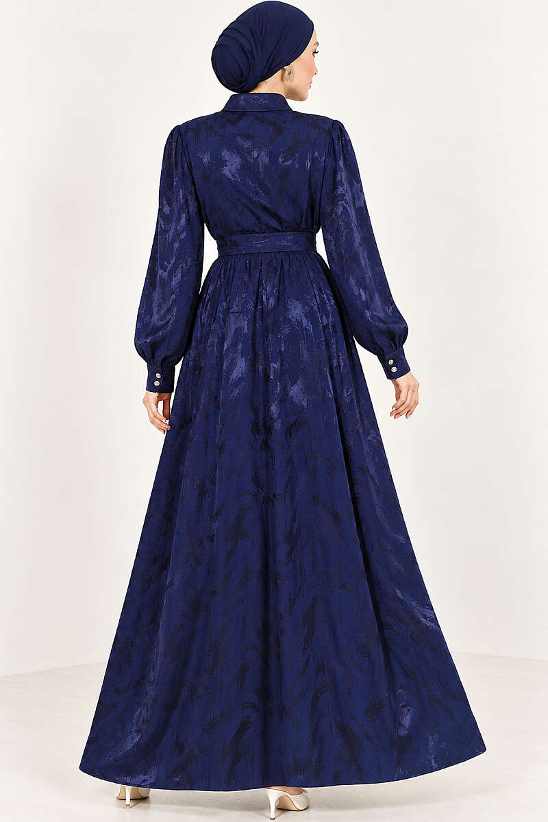 Jacquard Button Dress with Side Tie - Navy