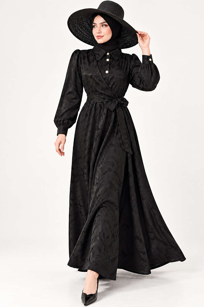 Jacquard Button Dress with Side Tie - Black