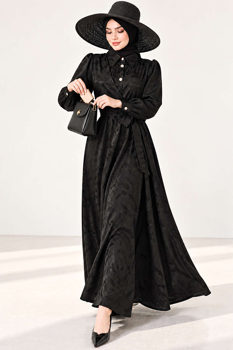 Jacquard Button Dress with Side Tie - Black
