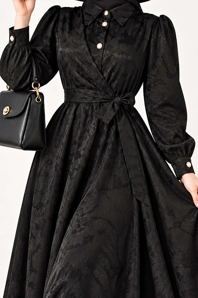 Jacquard Button Dress with Side Tie - Black