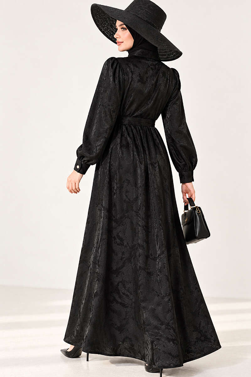 Jacquard Button Dress with Side Tie - Black