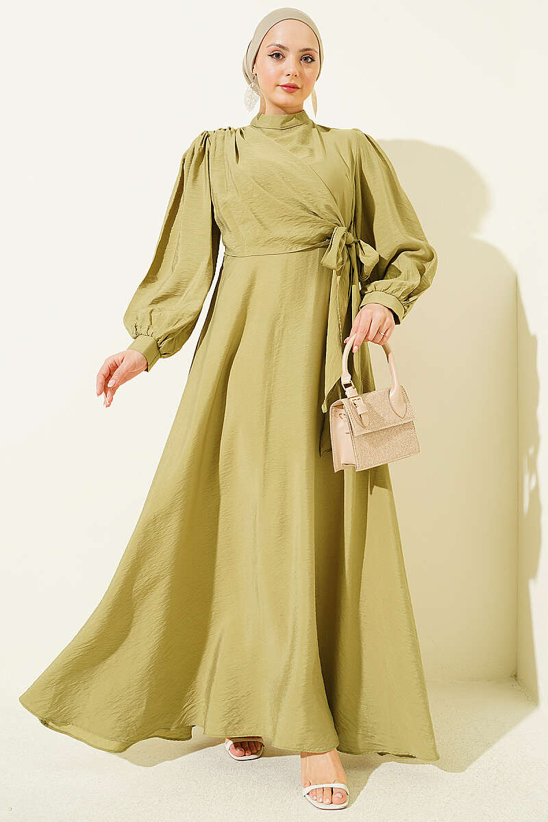Side-Tie Dress with Gold Accessory - Olive