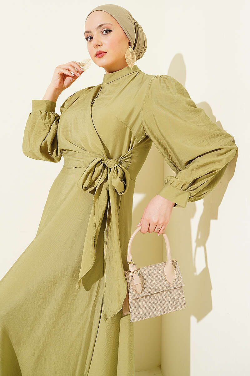 Side-Tie Dress with Gold Accessory - Olive