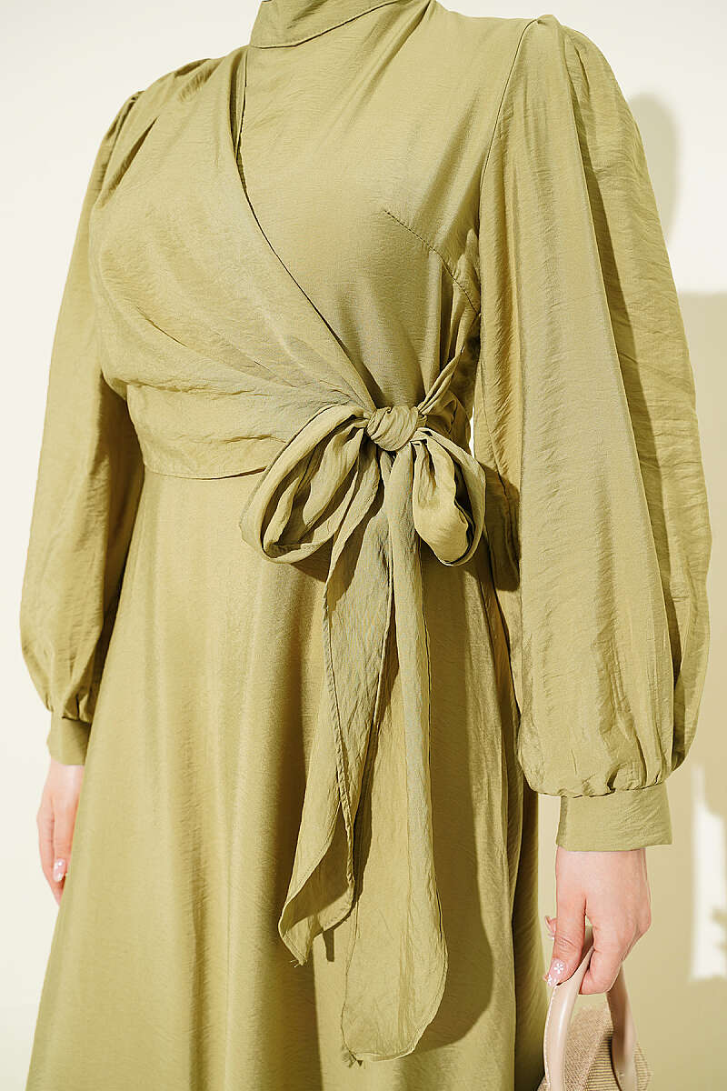 Side-Tie Dress with Gold Accessory - Olive