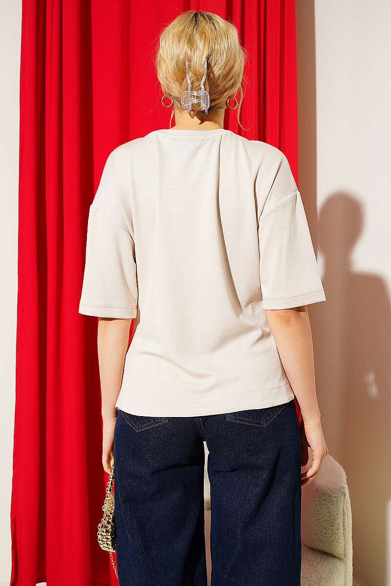 Side-Ruched Loycha T-Shirt with Brooch - Beige