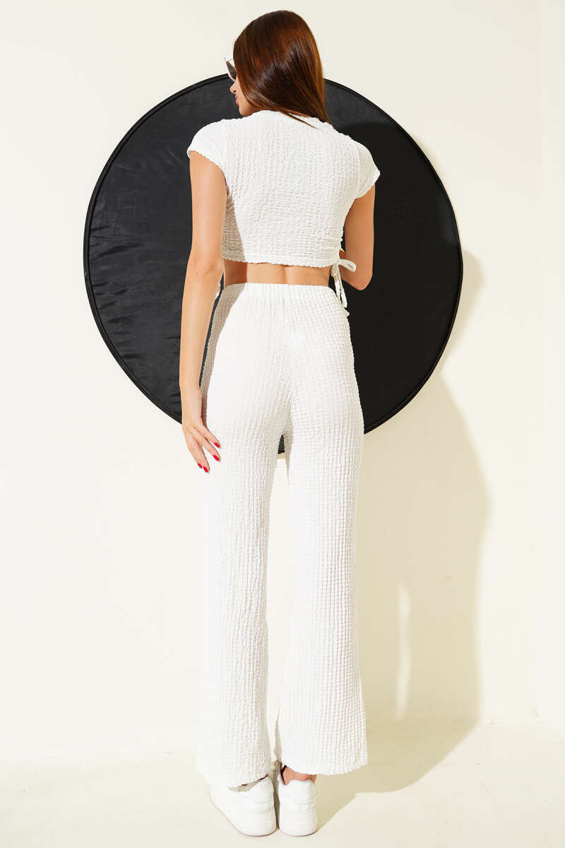 Side-Ruched Waffle Crop Two-Piece Set - White