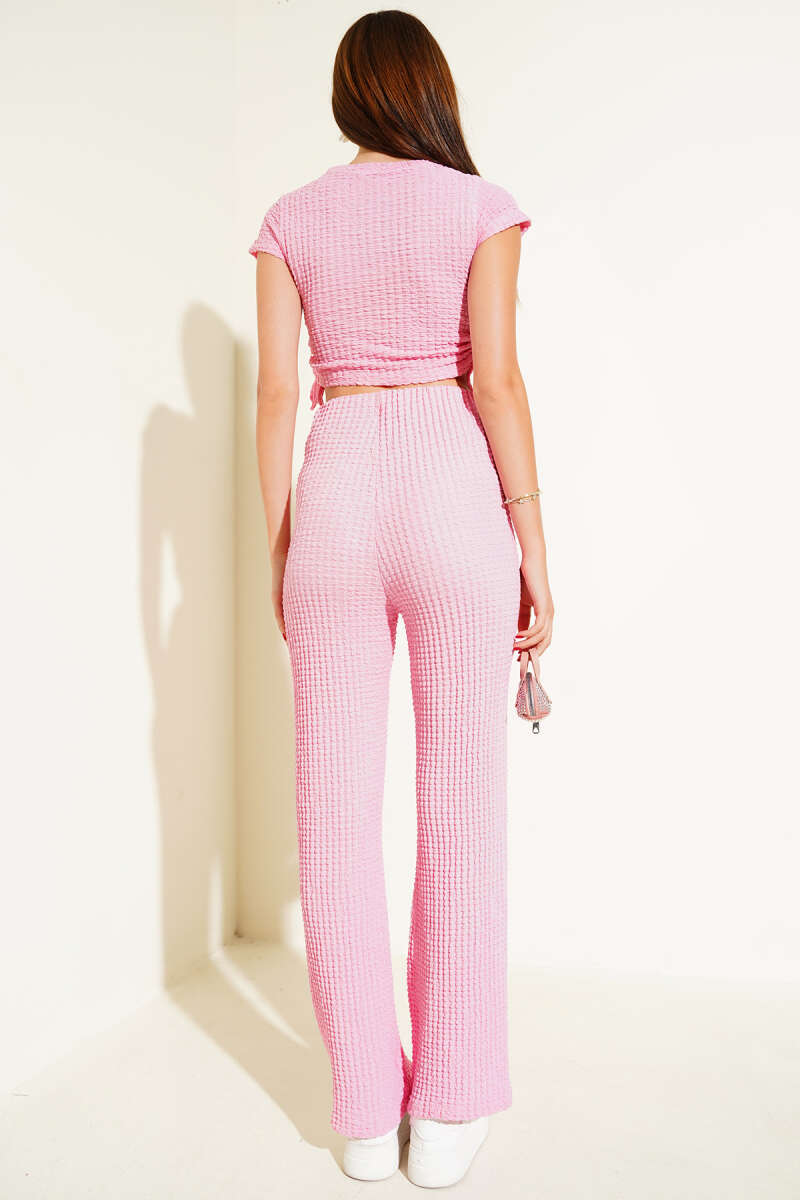 Side-Ruched Waffle Crop Two-Piece Set - Pink