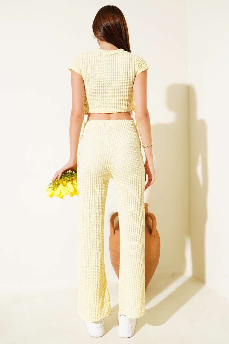 Side-Ruched Waffle Crop Two-Piece Set - Yellow