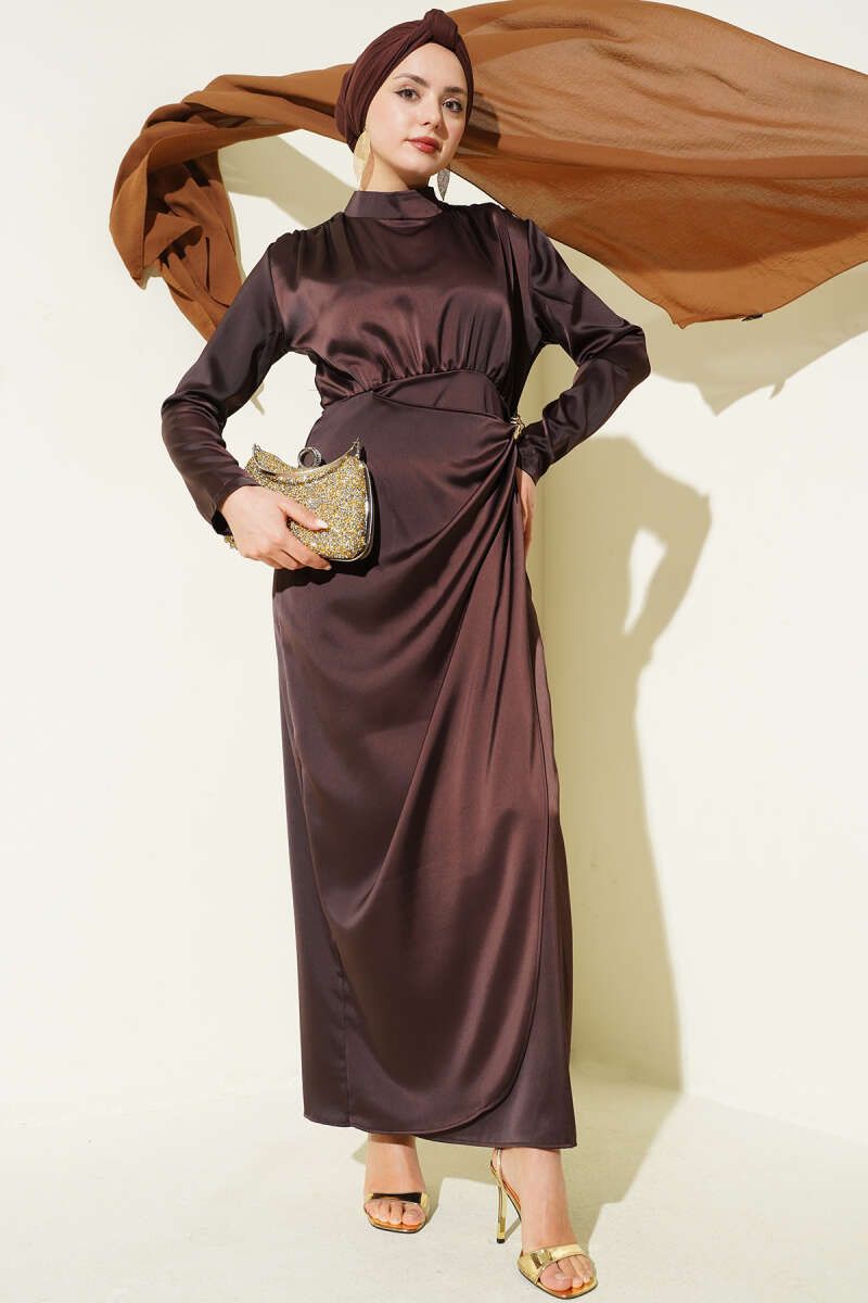 Side-Ruched Satin Evening Dress with Gold Buckle - Dark Brown