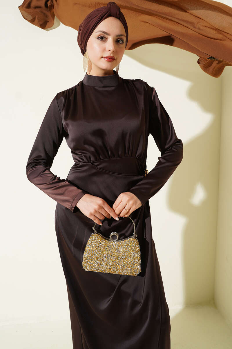 Side-Ruched Satin Evening Dress with Gold Buckle - Dark Brown