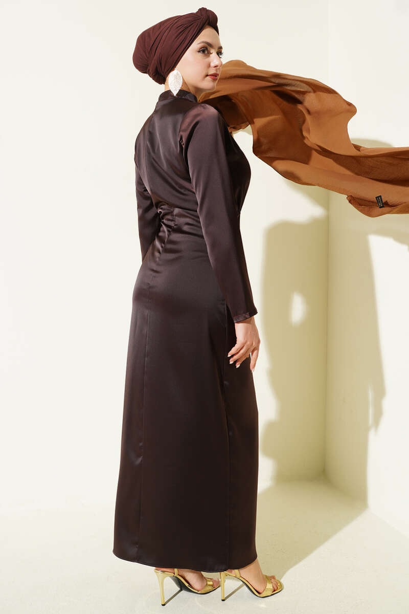 Side-Ruched Satin Evening Dress with Gold Buckle - Dark Brown