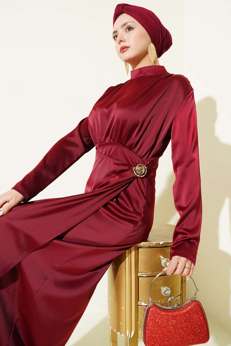 Side-Ruched Satin Evening Dress with Gold Buckle - Burgundy