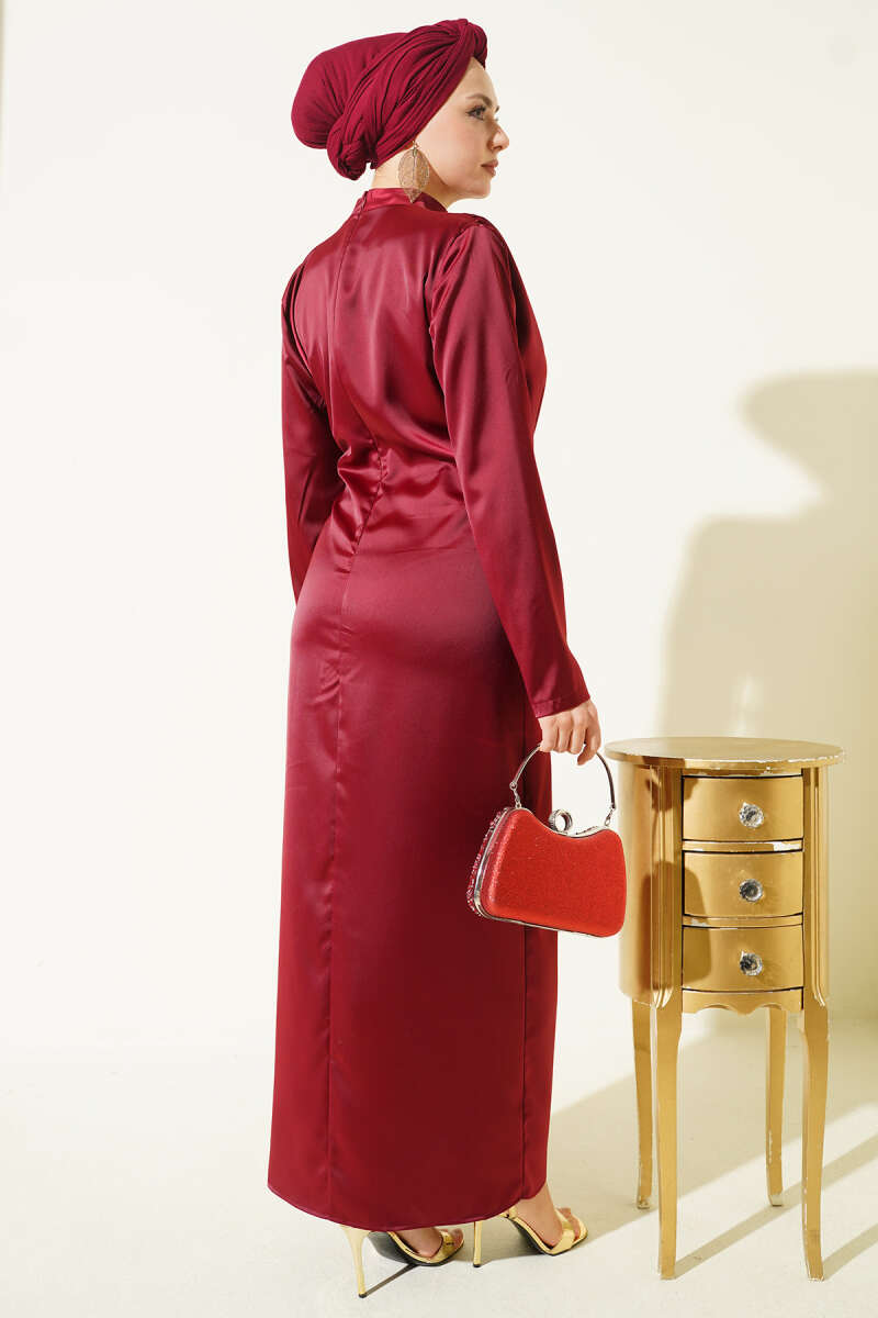 Side-Ruched Satin Evening Dress with Gold Buckle - Burgundy