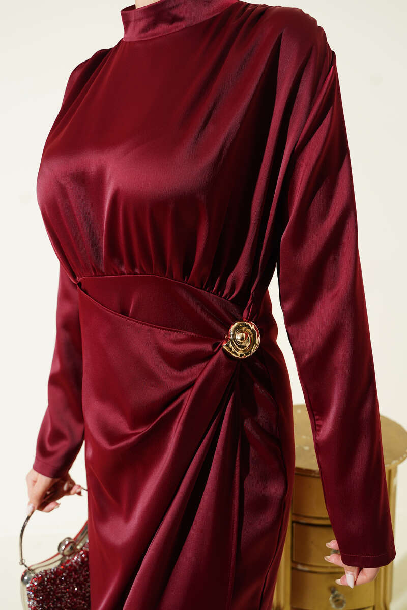 Side-Ruched Satin Evening Dress with Gold Buckle - Burgundy