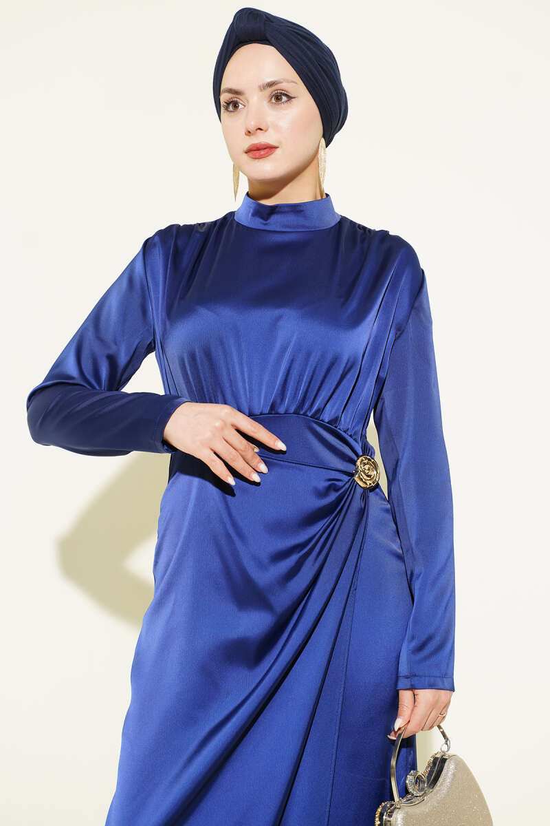 Side-Ruched Satin Evening Dress with Gold Buckle - Navy