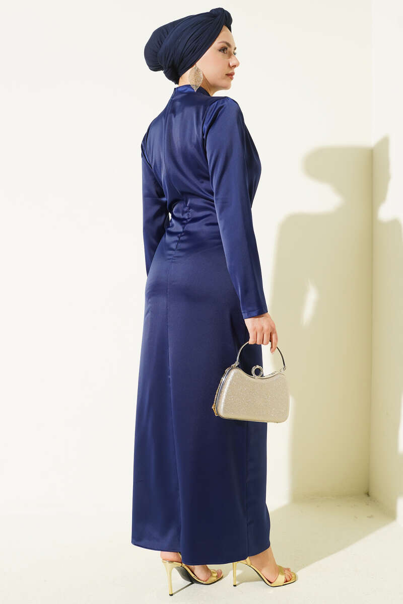 Side-Ruched Satin Evening Dress with Gold Buckle - Navy